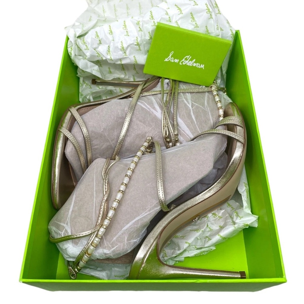 Sam Edelman Gold Strappy Heels with Pearl Details - Picture 2 of 7